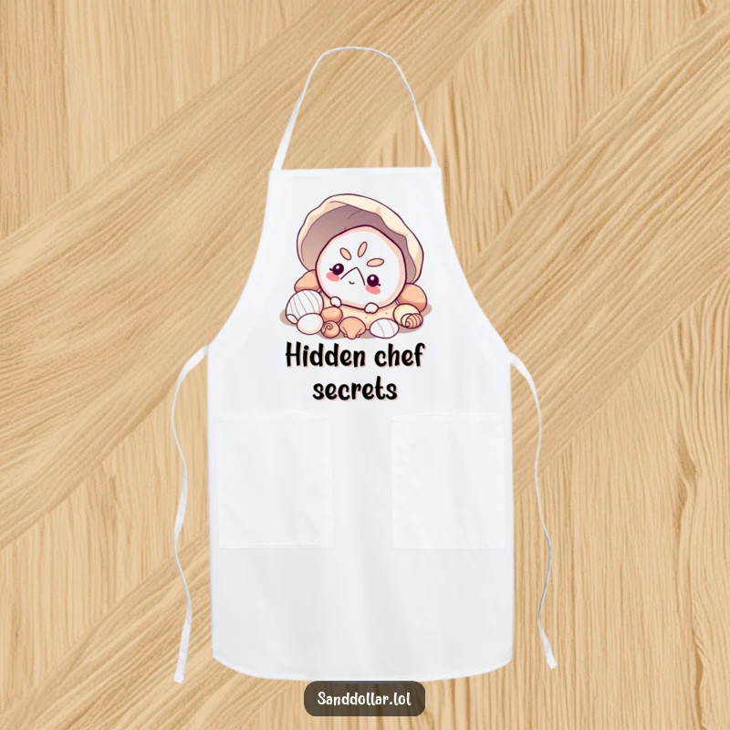 Funny sand dollar apron for cooking, with a curious sand dollar peeking from shells, adding a touch of beachy mystery.