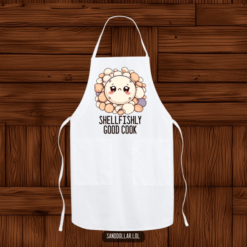 Funny apron with a small, round sand dollar character, big curious eyes peeking from shells, ideal for a curious cook and a unique funny gift.