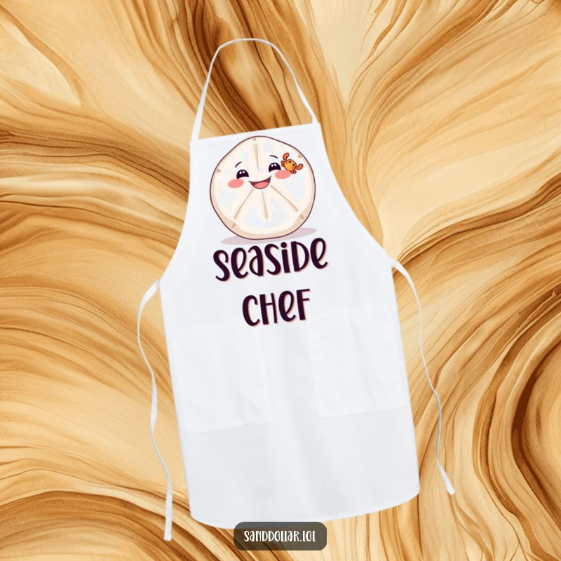 Funny apron showing a wide-grinning sand dollar balancing a tiny crab, great for chefs and bakers.
