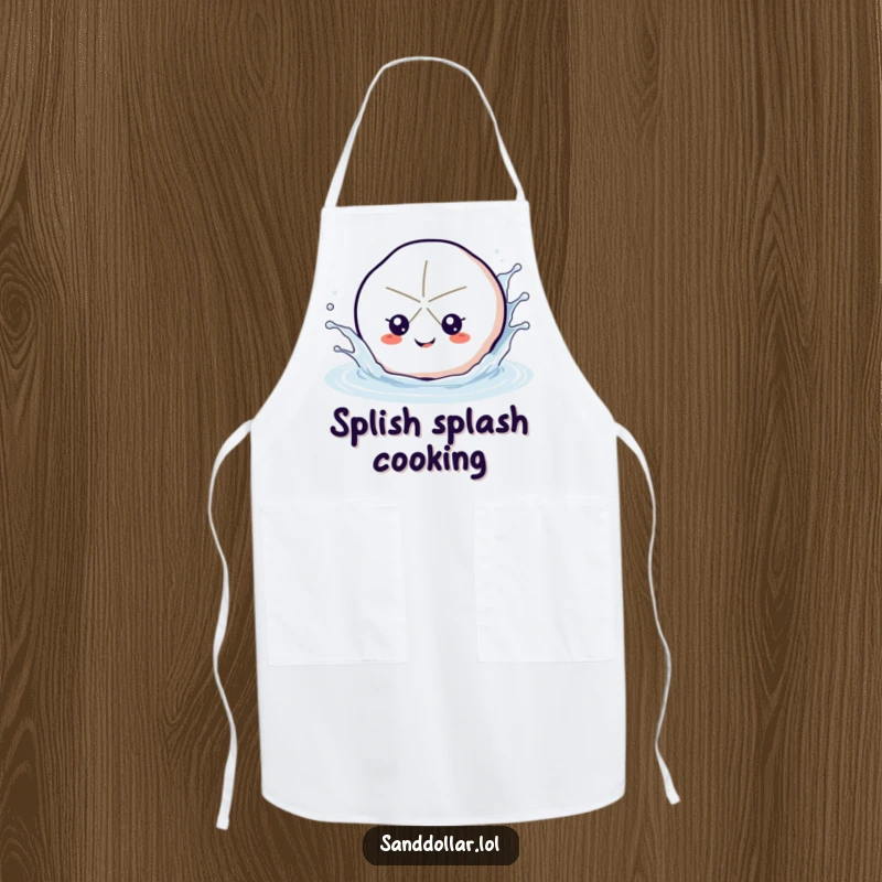 Funny sand dollar apron for cooking, featuring a happy sand dollar splashing water, adding a touch of beach humor to the kitchen.