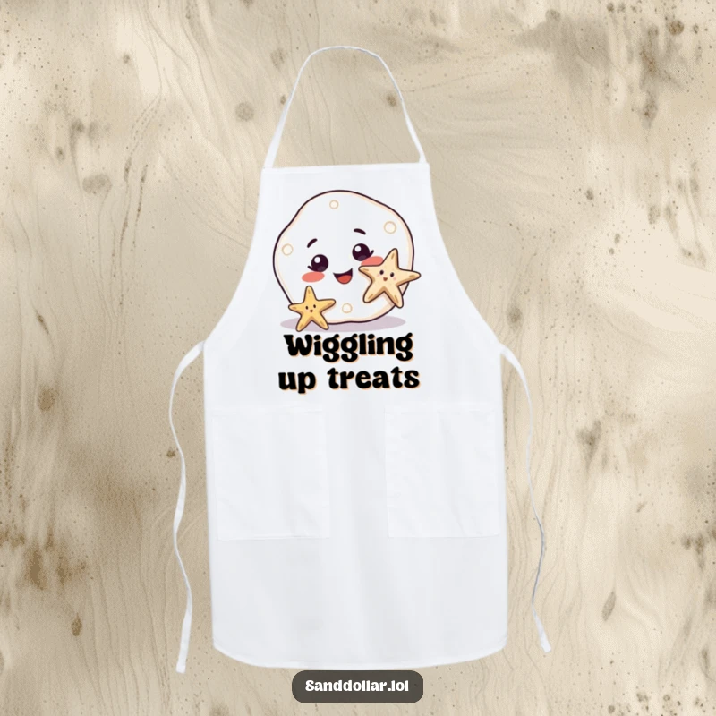 Funny Apron featuring a sand dollar with a big, curious smile watching a starfish wiggle, designed for kitchen fun with a touch of humor.