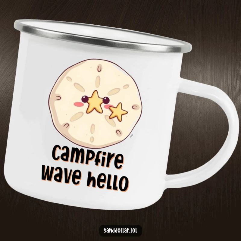 Funny sand dollar camping mug, durable and portable, with a smiling sand dollar waving a tiny starfish, perfect for adventurers.