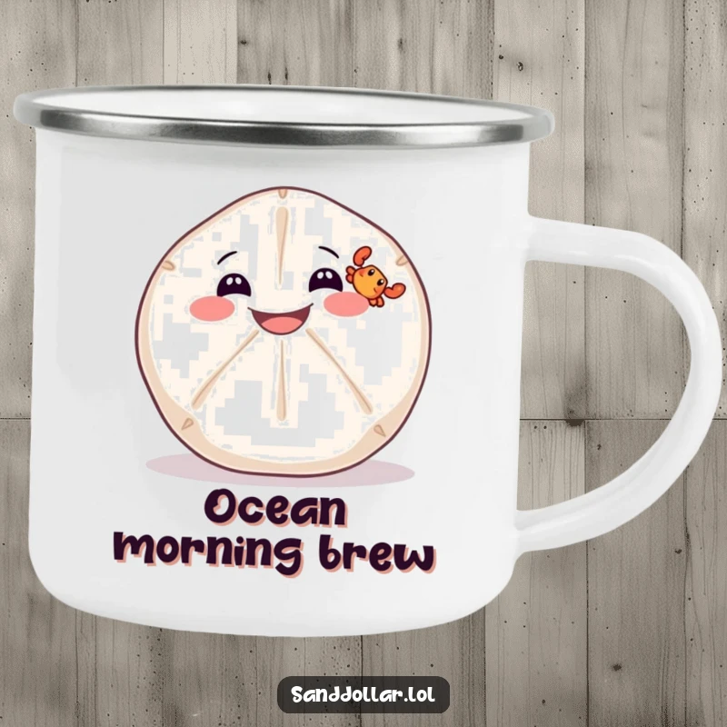 Funny enamel camping mug featuring a wide-grinning sand dollar balancing a tiny crab, perfect for outdoor adventures.