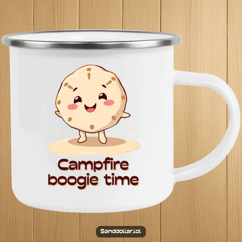 Funny camping mug with a happy sand dollar character, cheerful mouth, dancing on wet sand, perfect for outdoor adventures.