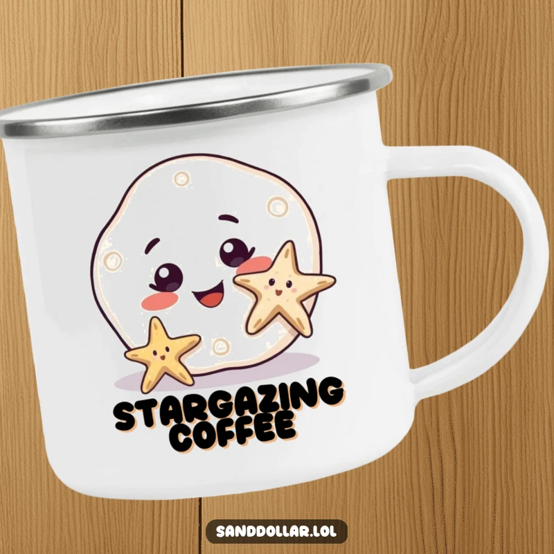 Funny Camping Mug featuring a sand dollar with a curious smile watching a starfish wiggle, ideal for enjoying drinks outdoors with charm.