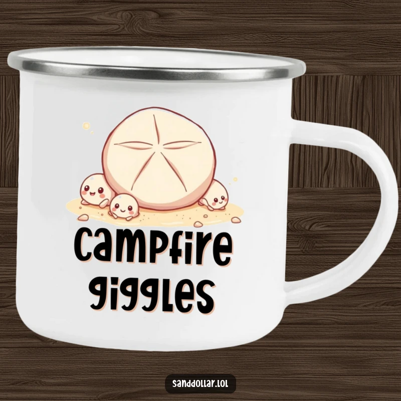 Funny Camping Mug featuring tiny shells giggling as a sand dollar rolls by, ideal for enjoying drinks outdoors with beachy humor.
