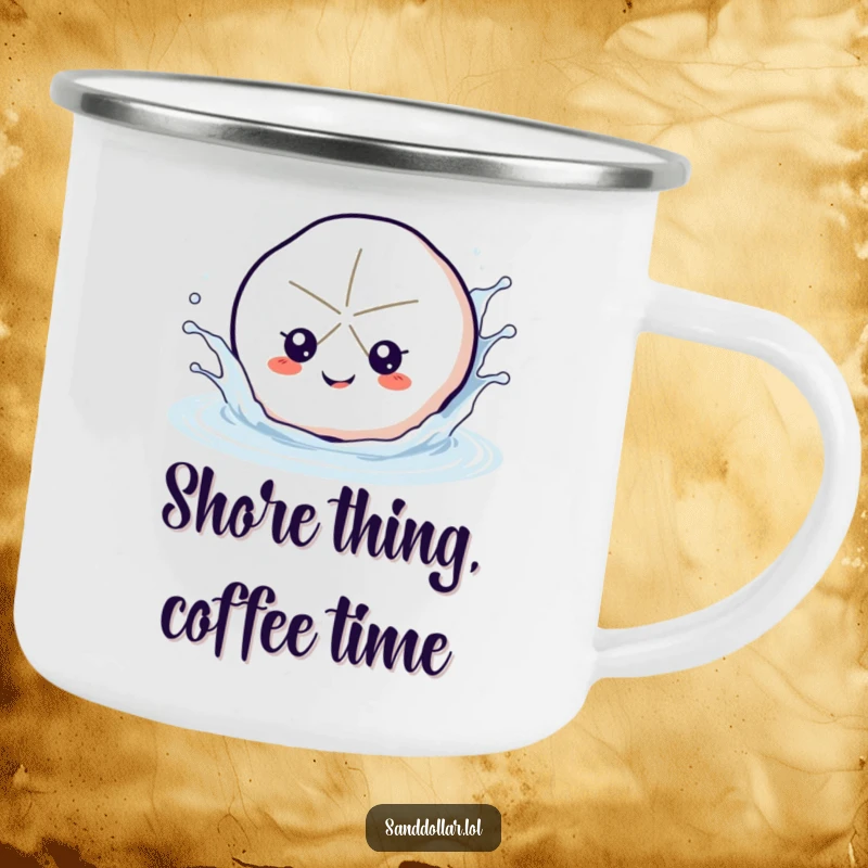 Funny sand dollar camping mug, durable and portable, featuring a happy sand dollar splashing water, perfect for outdoor enthusiasts.