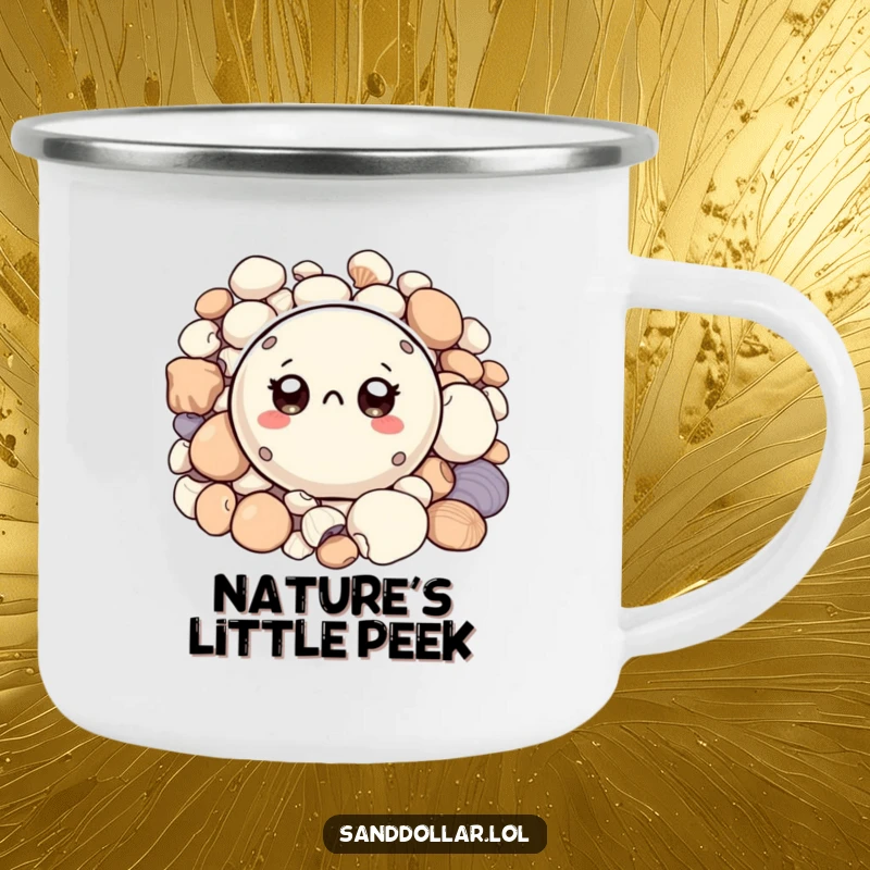 Funny camping mug with a small, round sand dollar character, big curious eyes peeking from shells, perfect for outdoor adventures.