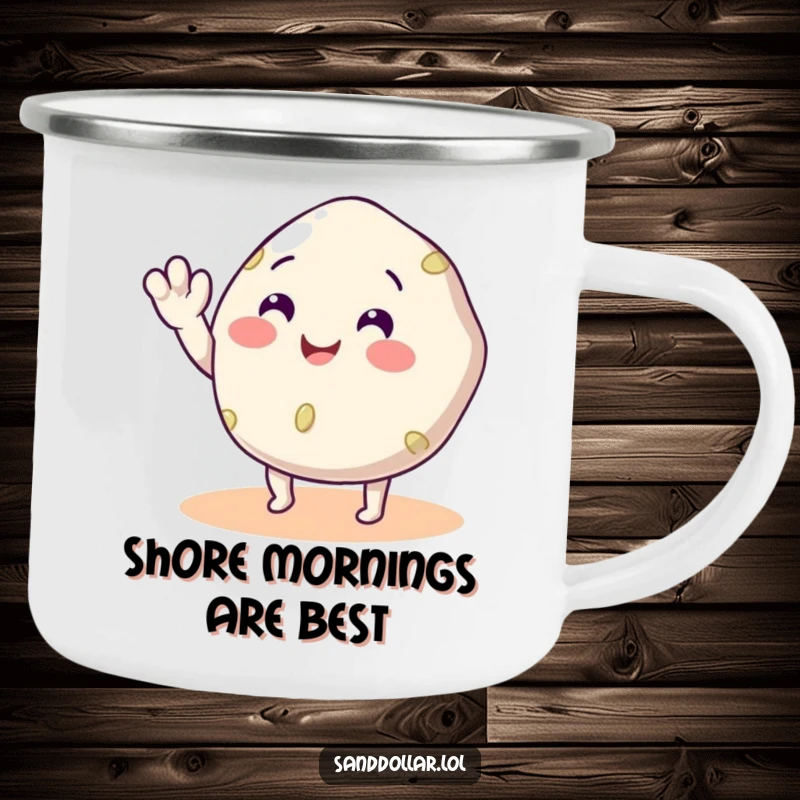 Funny Sand Dollar Camping Mug with a smiling sand dollar character waving, perfect for outdoor enthusiasts seeking humor.