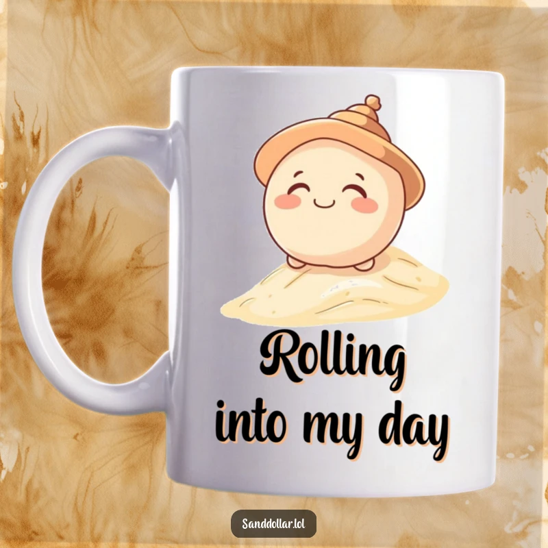 Funny mug featuring a giggling sand dollar character wearing a shell hat, rolling down a sandy dune, expressing playful abandon.