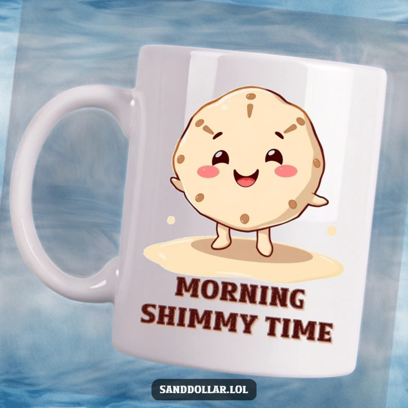 Funny mug featuring a happy sand dollar character with a cheerful mouth, doing a wiggle dance on wet sand, expressing pure joy.