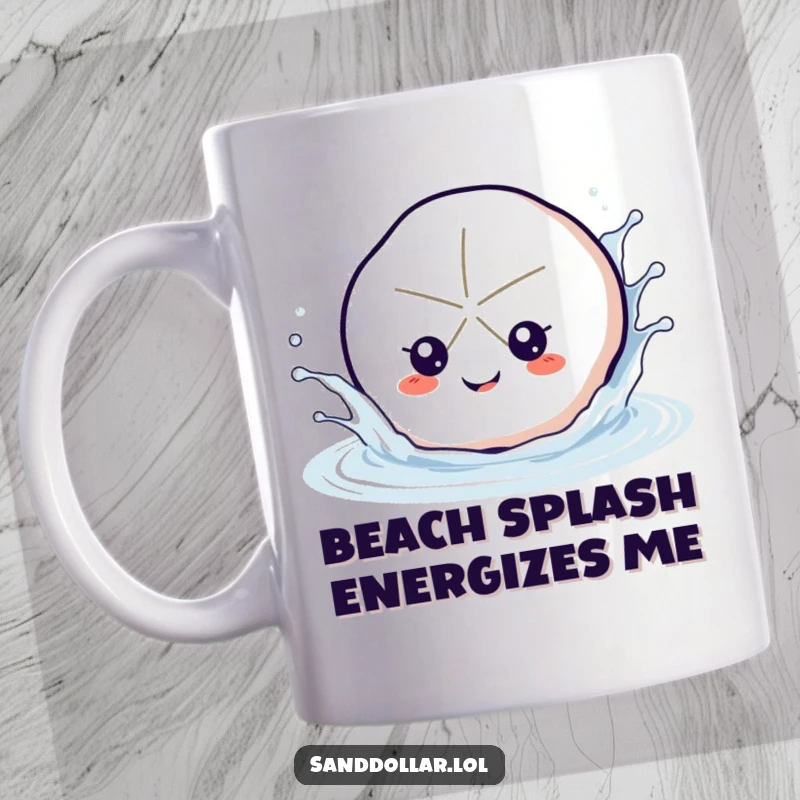 Funny sand dollar mug with happy eyes playfully splashing water, capturing a joyous beachside moment for a fun gift.