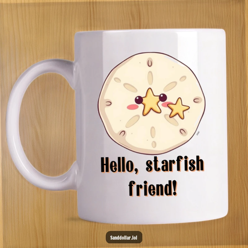 Funny sand dollar mug, a smiling sand dollar waving a tiny starfish, conveying a friendly beach greeting.