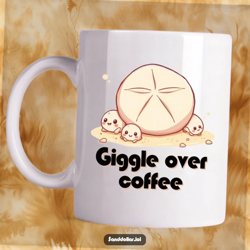 Funny Mug featuring tiny shells giggling joyfully as a sand dollar character rolls past, depicting a happy and humorous beach moment.