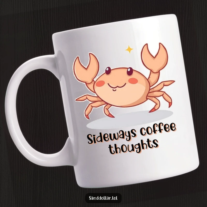 Funny Mug featuring a small crab character scuttling sideways with a playful sparkle in its eyes, embodying a mischievous and fun personality.