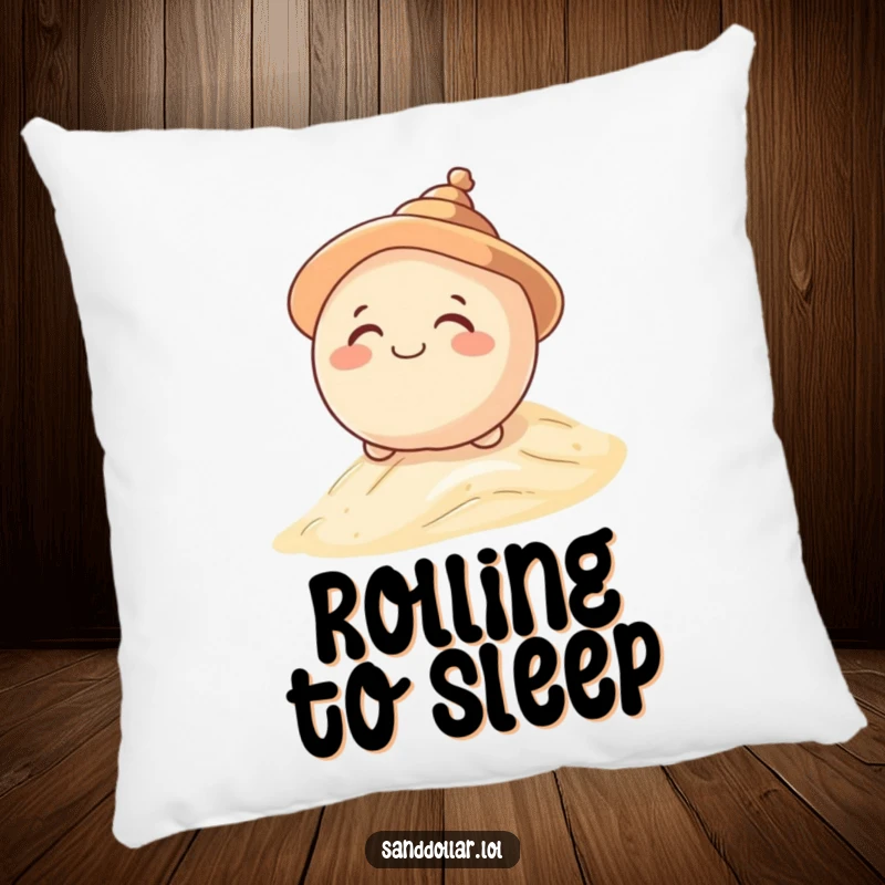 Funny pillow featuring a giggling sand dollar character in a shell hat, rolling down a dune, offering comfort and playful humor.