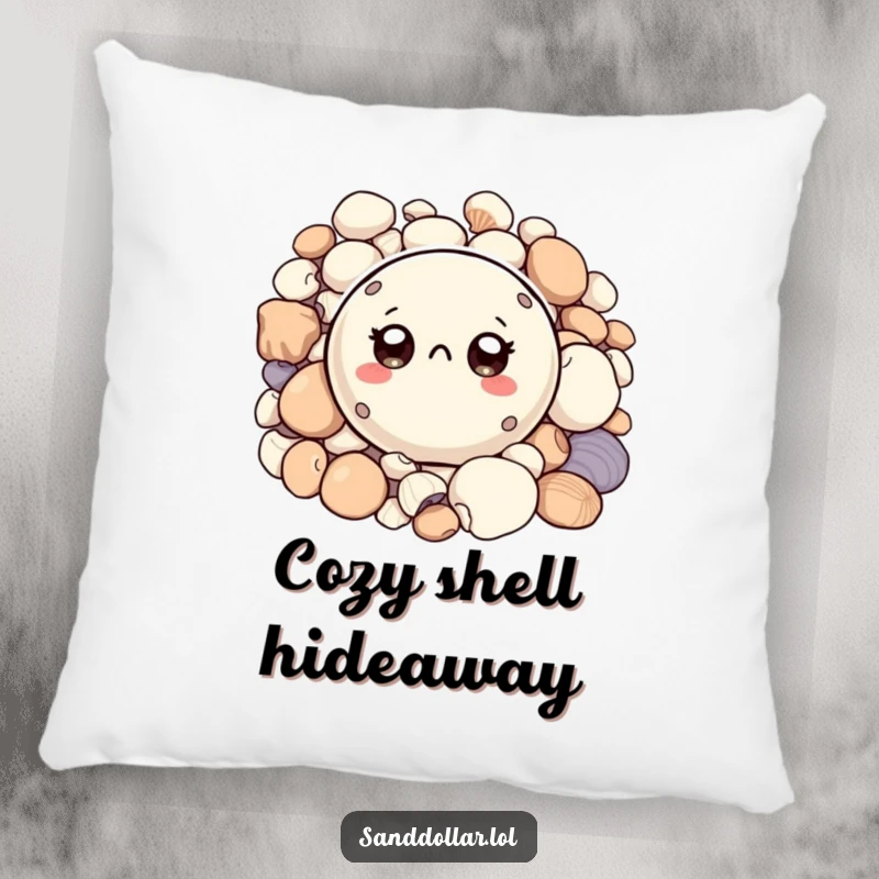 Funny pillow featuring a small, round sand dollar character with big, curious eyes peeking from shells, offering comfort and coastal humor.