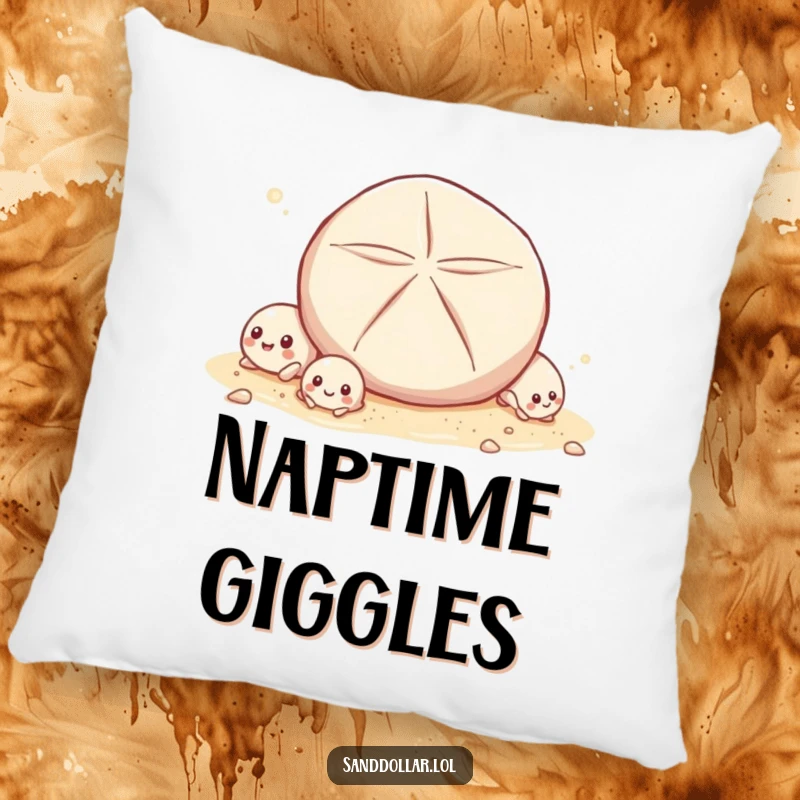 Funny Pillow featuring tiny shells giggling as a sand dollar rolls by, offering plush comfort and a touch of whimsical seaside humor.