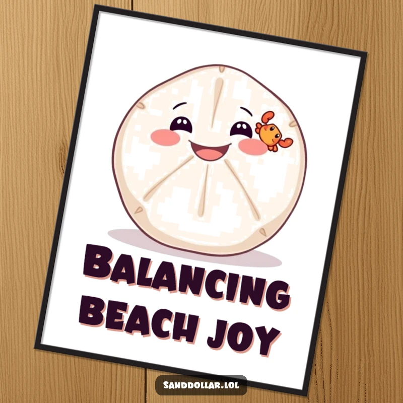 Funny digital art print of a wide-grinning sand dollar balancing a tiny crab, high-resolution download for printing.