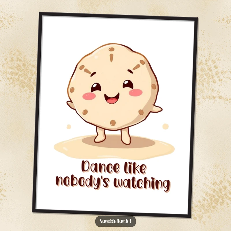 Funny digital art print of a happy sand dollar character with a cheerful mouth, dancing on wet sand, embodying beachy humor.