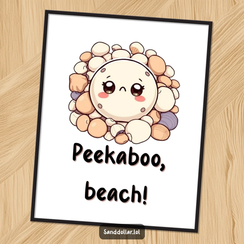 Funny digital art print of a small, round sand dollar character with big, curious eyes peeking from shells, embodying coastal humor.