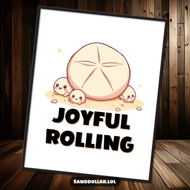 Funny Digital Art of tiny shells giggling as a sand dollar rolls past, creating a whimsical and humorous beach-themed artwork.