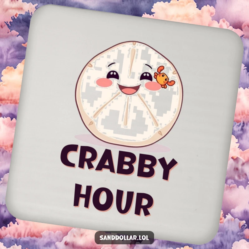 Funny drink coasters featuring a wide-grinning sand dollar balancing a tiny crab, protecting surfaces with beachy flair.