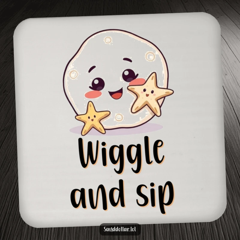 Funny Drink Coaster featuring a sand dollar with a big, curious smile watching a starfish wiggle, protecting surfaces with ocean humor.