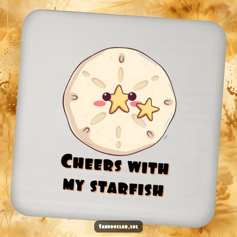 Funny sand dollar drink coasters, protecting surfaces with beachy flair, a smiling sand dollar waving a tiny starfish.