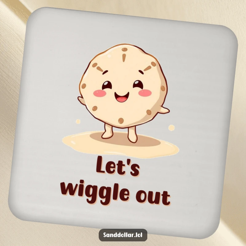 Funny drink coaster with a happy sand dollar character, cheerful mouth, dancing on wet sand, protecting surfaces with beachy humor.