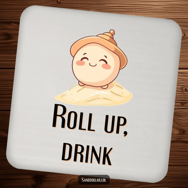 Funny drink coaster with a giggling sand dollar character in a shell hat, rolling down a dune, protecting surfaces with beachy humor.