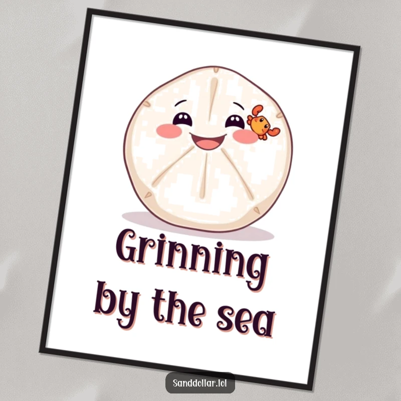 Funny poster print of a wide-grinning sand dollar balancing a tiny crab on its back, embodying playful ocean friendship.