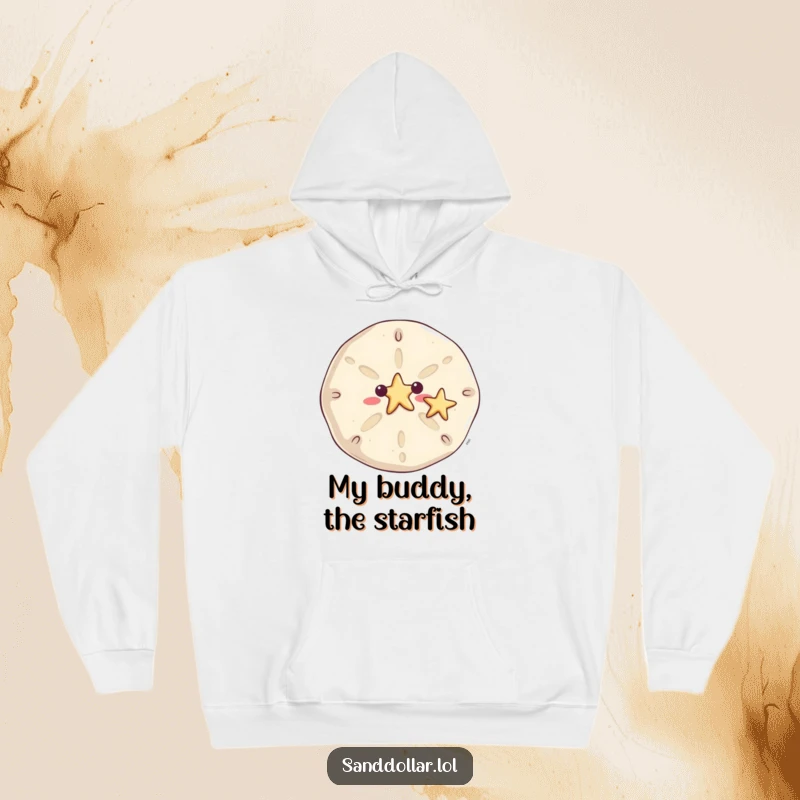 Funny sand dollar hoodie, cozy and warm, featuring a smiling sand dollar waving a tiny starfish, perfect for beach lovers.
