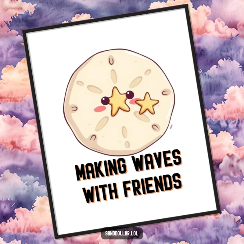 Funny Free Printable Wall Art: Smiling sand dollar waves a starfish, a cute and humorous downloadable artwork for beach lovers.