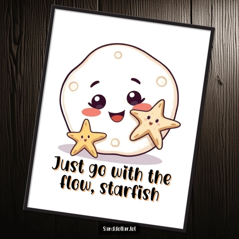 Funny Free Printable Wall Art: A sand dollar with a big curious smile watches a starfish wiggle its arms playfully.