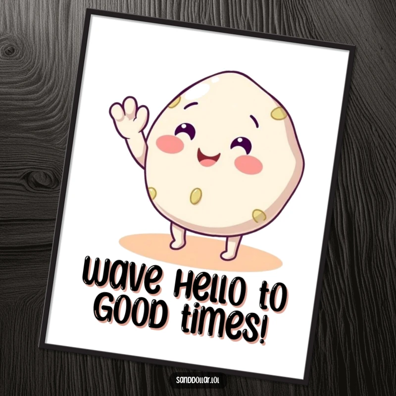 Funny Free Printable Wall Art: Smiling sand dollar with tiny legs artfully waving, bringing coastal joy to any room.