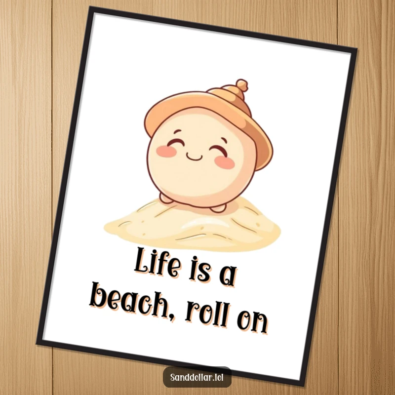 Funny Free Printable Sand Dollar Wall Art: A giggling sand dollar wearing a shell hat playfully rolls down a sandy dune.