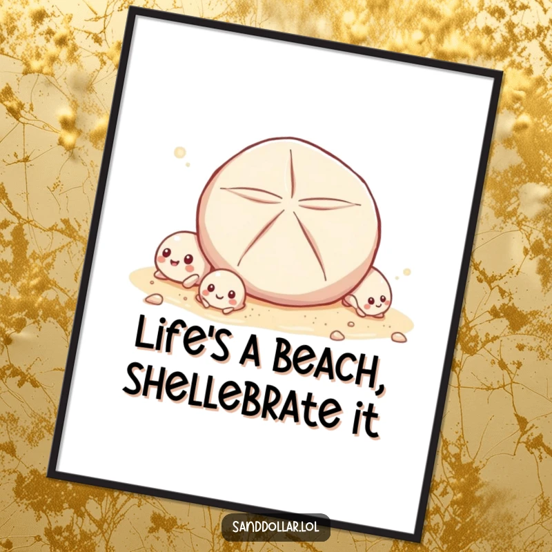 Funny Free Printable Wall Art depicting a group of tiny shells giggling with delight as a sand dollar playfully rolls past them.