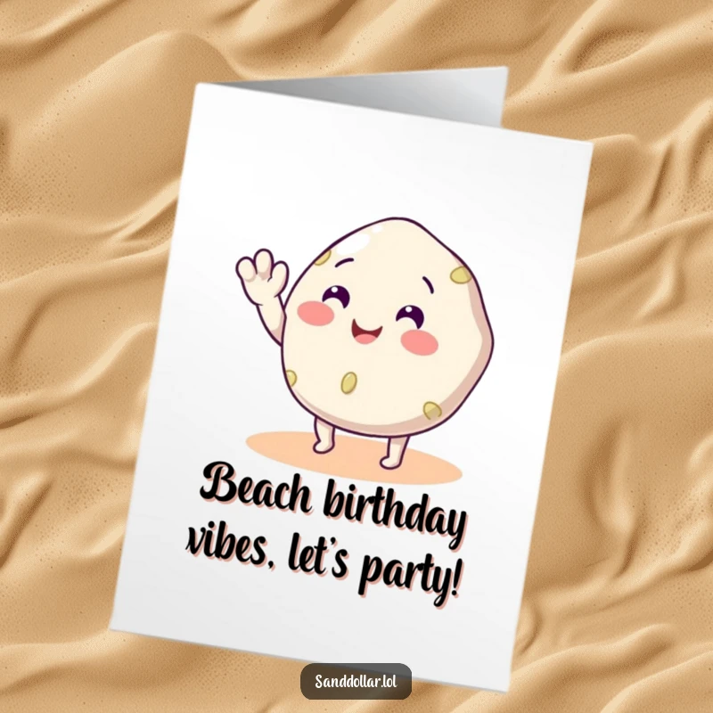 Funny Free Printable Birthday Card: Smiling sand dollar with legs waves hello, perfect for a quirky, cheerful wish.