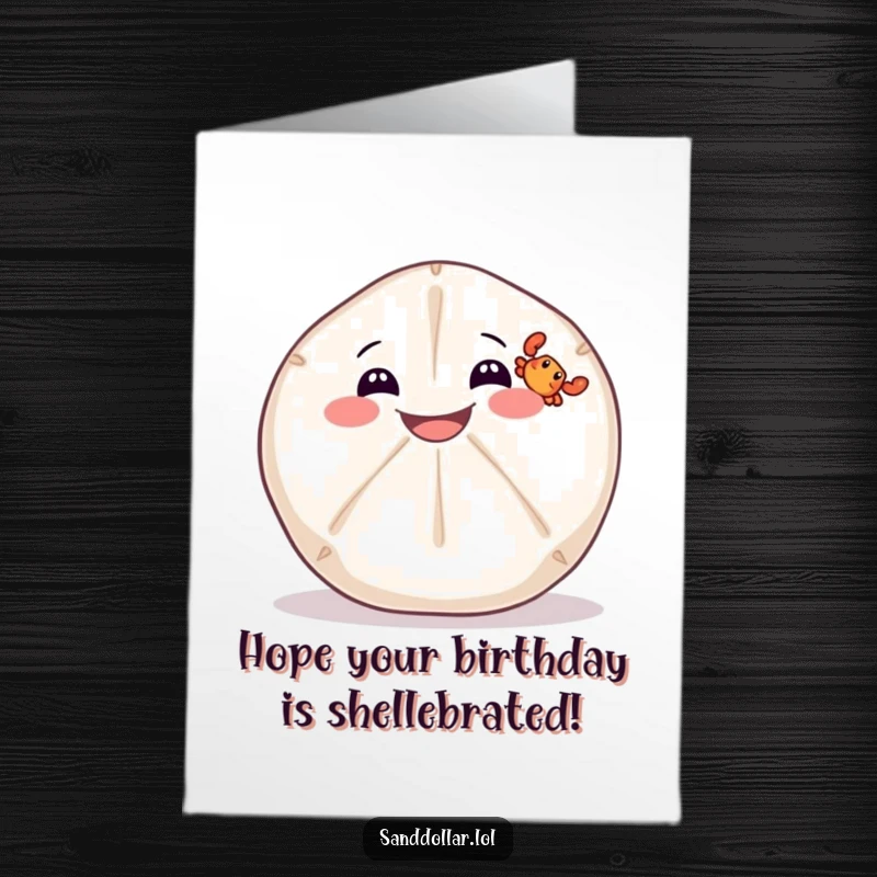 Funny Free Printable Birthday Card: Sand dollar with a wide grin balancing a tiny crab on its back, beachy birthday cheer.