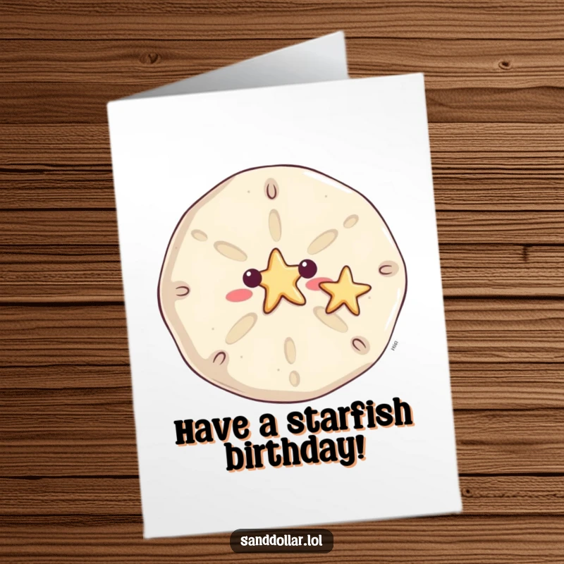 Funny Free Printable Birthday Card: Smiling sand dollar waves a tiny starfish, a delightful downloadable gift for birthday wishes.