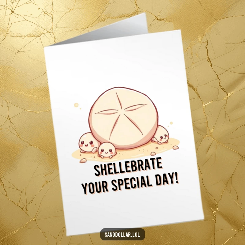 Funny Free Printable Birthday Card showing tiny shells giggling gleefully as a sand dollar rolls comically past them.