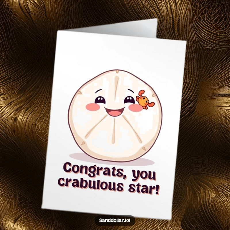 Funny Free Printable Congratulations Card: Sand dollar with a wide grin balancing a tiny crab, celebrating success, downloadable.
