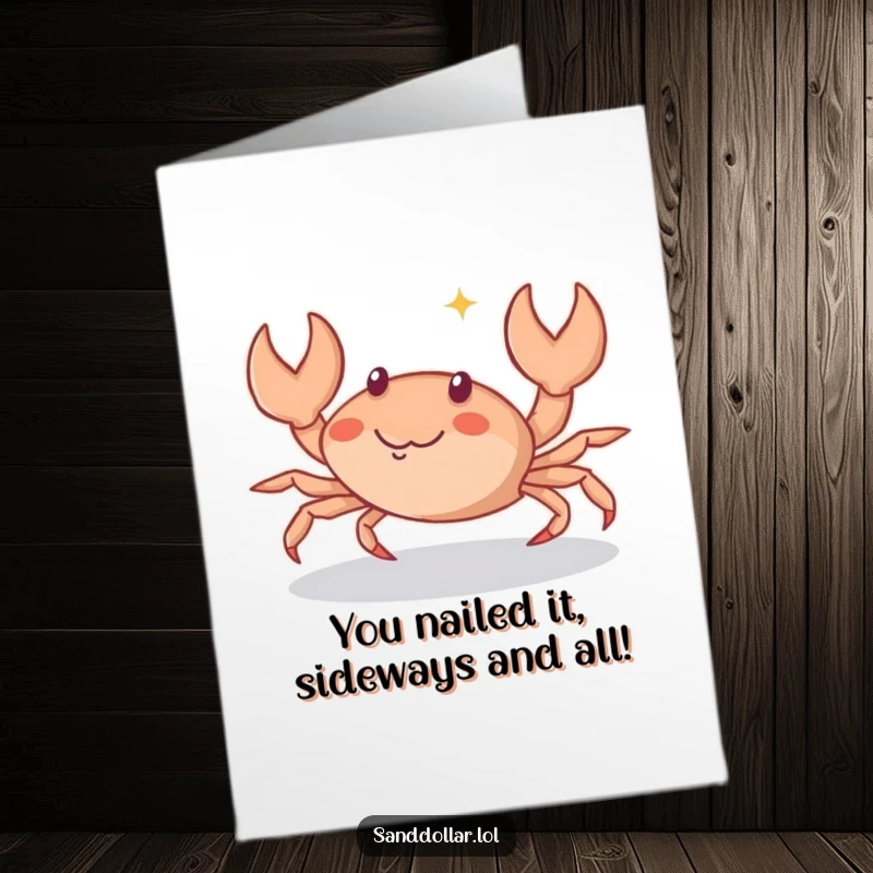 Funny Free Printable Congratulations Card showing a small crab scuttling sideways with a mischievous sparkle, celebrating their win.