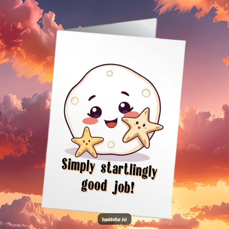 Funny Free Printable Congratulations Card showing a sand dollar with a big smile observing a starfish's joyful wiggle.