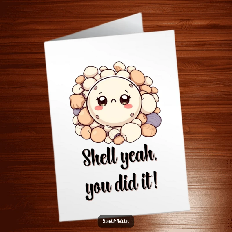 Funny Free Printable Sand Dollar Congratulations Card: A curious sand dollar peeks from shells, celebrating your success.