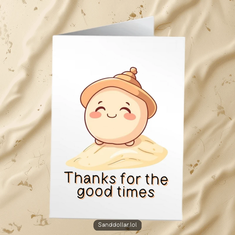 Funny Free Printable Sand Dollar Thank You Card: A giggling sand dollar with a shell hat rolls down a dune, sharing thanks.