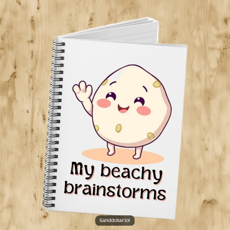 Funny Sand Dollar Notebook featuring a smiling sand dollar with legs waving, ideal for jotting notes with a touch of beachy humor.