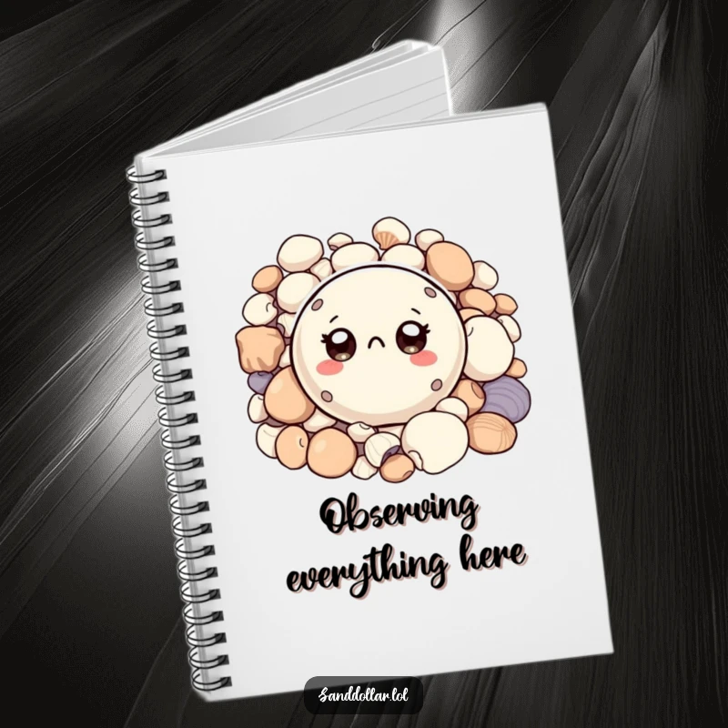 Funny notebook featuring a small, round sand dollar character with big, curious eyes peeking from shells, perfect for jotting down notes.