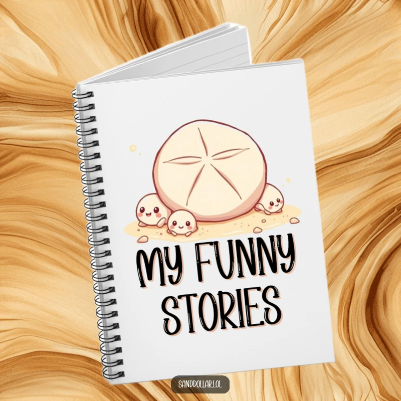 Funny Notebook showcasing tiny shells giggling as a sand dollar rolls past, ideal for journaling or notes with a humorous beach twist.
